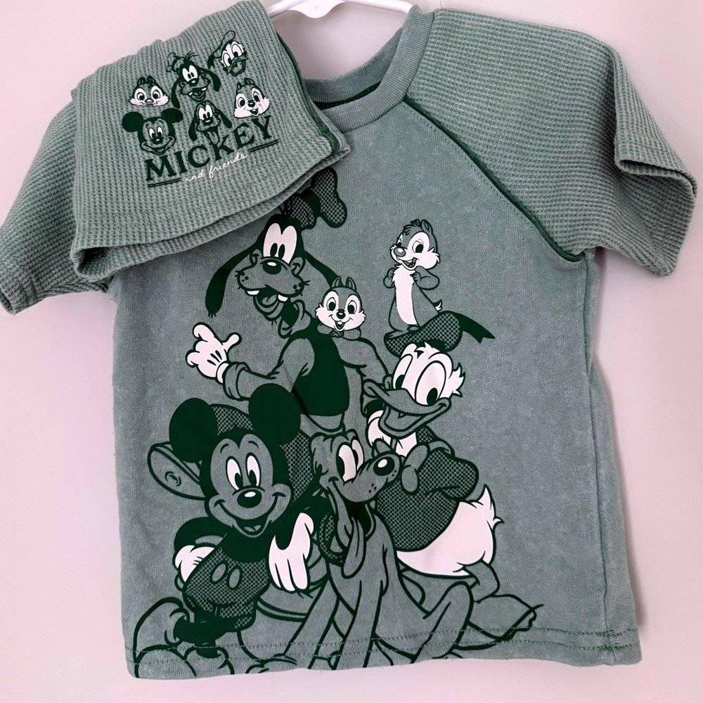 Disney Mickey and Friends Sage Green Waffle Knit Shirt and Shorts Set 12M